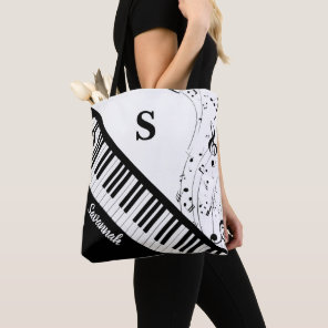 Modern Piano Music Notes Monogram Name Black White Tote Bag