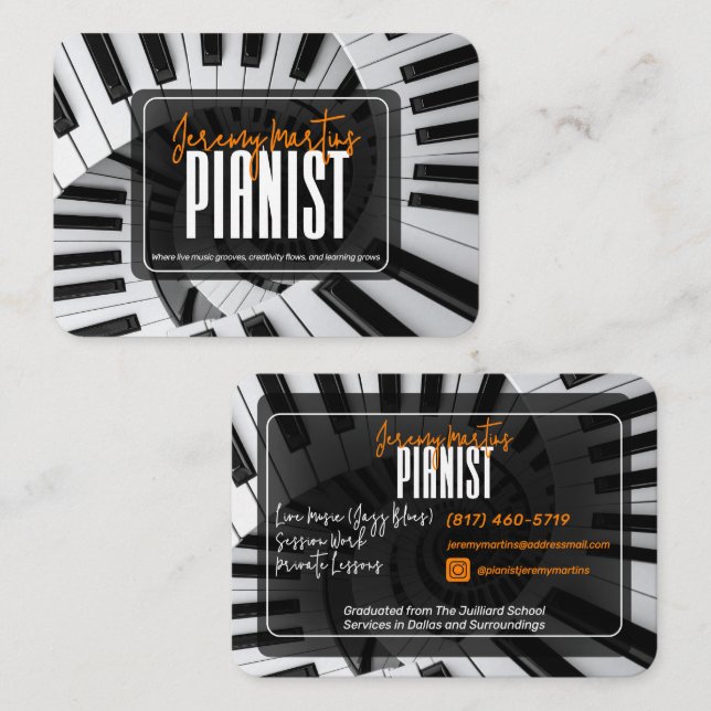 Modern Piano Spirals White on Black Orange Pianist Business Card (Front/Back)