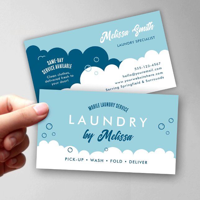 Modern Pick-Up Laundry Service Blue & White Business Card (Modern white and blue mobile laundry services and laundromats business cards)