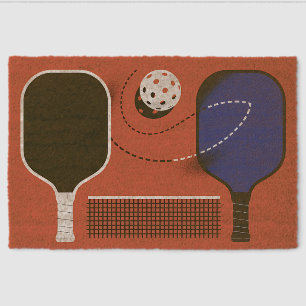 Modern Pickleball Paddles Red Court Design WELCOME Fiber Doormat