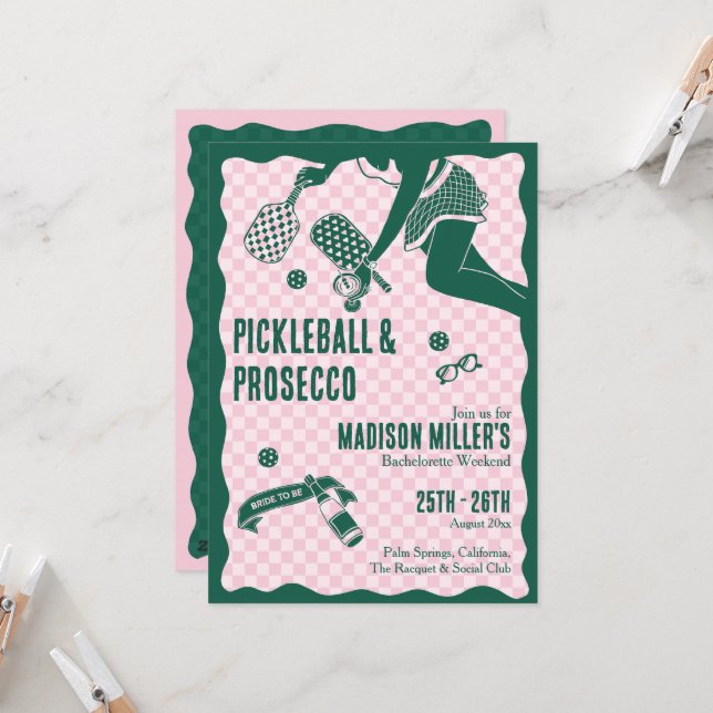 Modern Pickleball & Prosecco Bachelorette Weekend Invitation (Front/Back In Situ)
