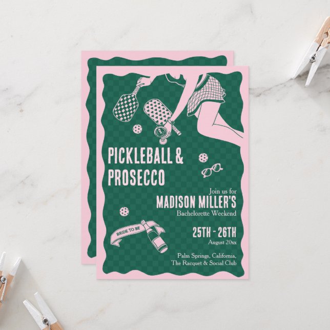 Modern Pickleball & Prosecco Bachelorette Weekend Invitation (Front/Back In Situ)