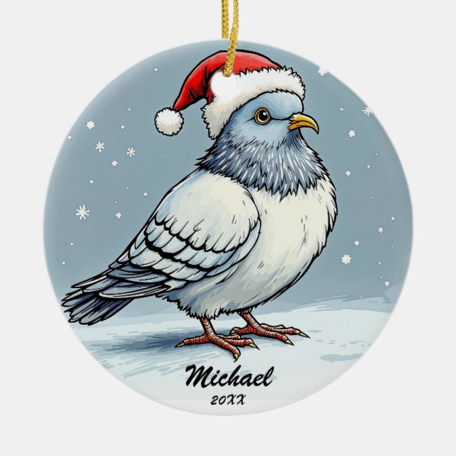 Modern Pigeon Santa Claus Christmas Personalized  Ceramic Ornament (Front)