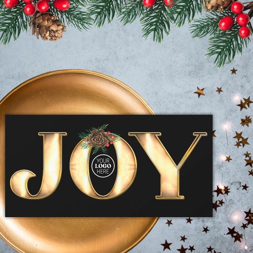 Modern Pine Black And Gold Metal Joy Business Logo Holiday Card