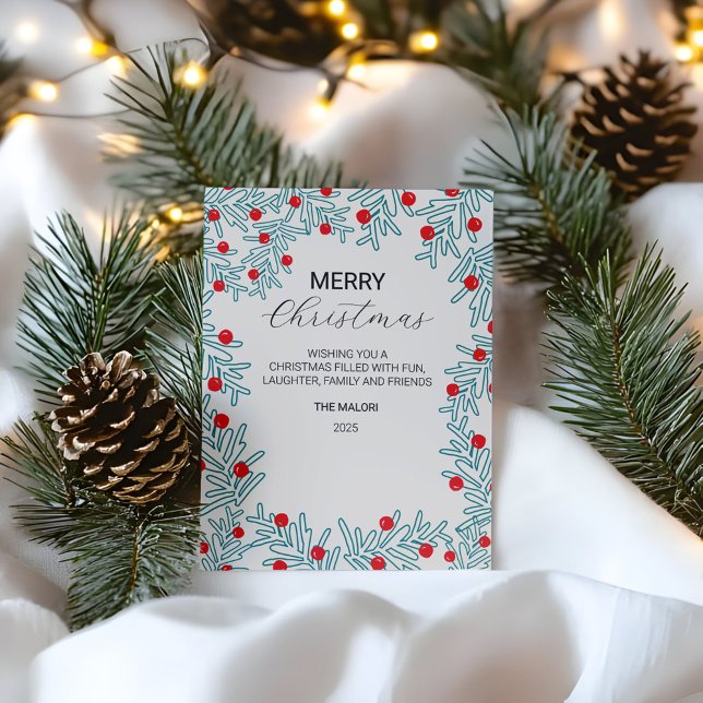 Modern Pine Branch and Red Berry Christmas Pattern Postcard (Creator Uploaded)