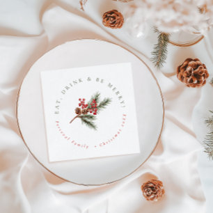Modern Pine Branch & Berries Family Christmas Paper Dinner Napkins