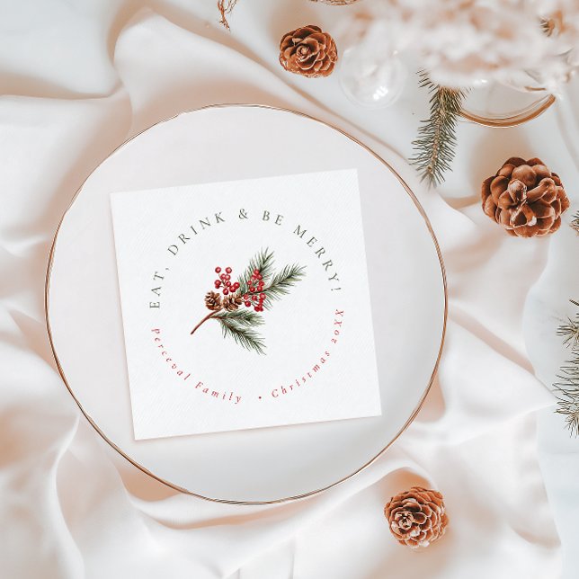 Modern Pine Branch & Berries Family Christmas Paper Dinner Napkins (Creator Uploaded)
