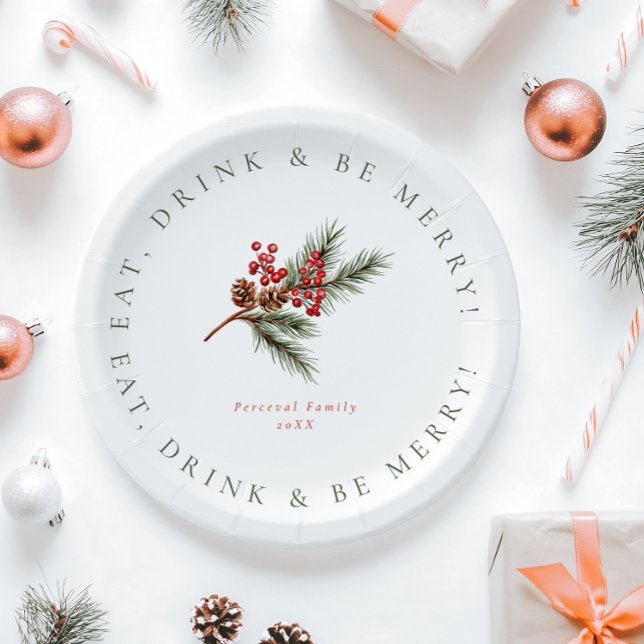Modern Pine Branch & Berries Family Christmas Paper Plates (Creator Uploaded)