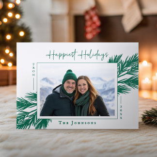 Modern Pine Branch Happiest Holidays Christmas Letterpress Photo Cards
