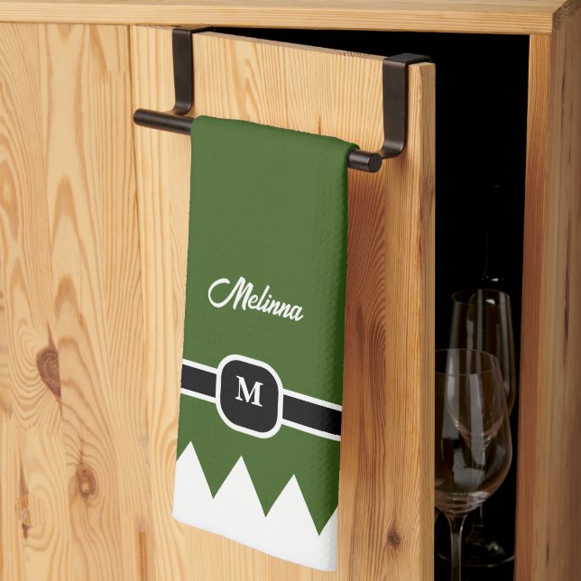 Modern Pine Green Holiday Monogram Kitchen Towel (Thirds Fold)