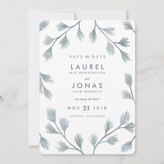 Modern Pine Green + White Save the Date Cards (Front)