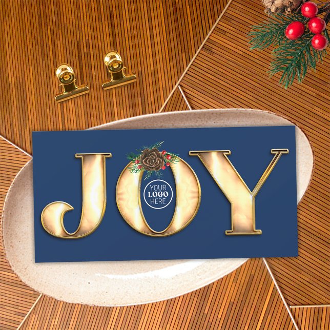 Modern Pine Navy Blue Gold Metal Joy Business Logo Holiday Card (Front)