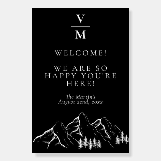 Modern Pine Tree Black & White Wedding Welcome Foam Board (Front)