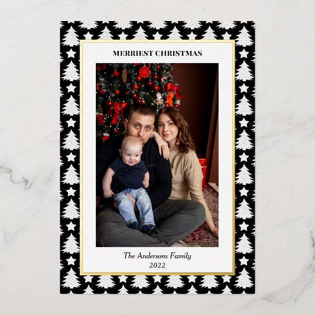 Modern Pine Tree Border Christmas Photo Foil Holiday Card (Front)