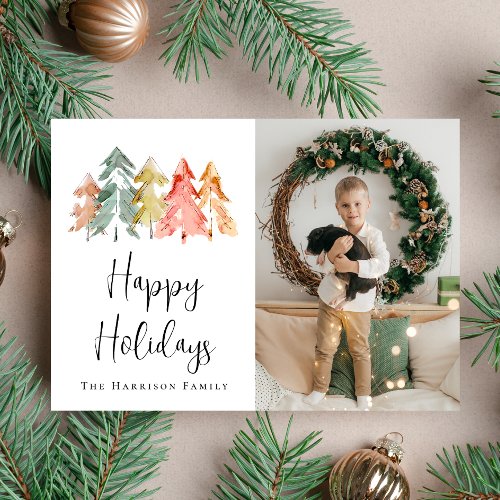 Modern Pine Tree Watercolor Photo Christmas Holiday Card