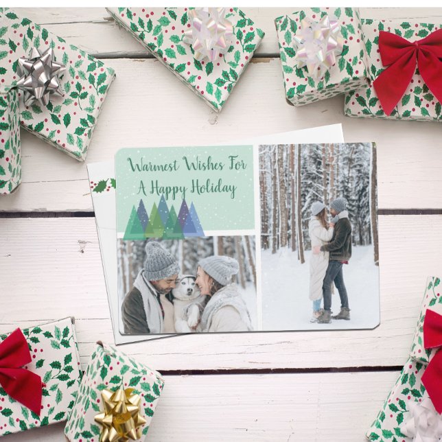 Modern Pine Trees Warmest Wishes | 3 Photo Holiday Card (Creator Uploaded)