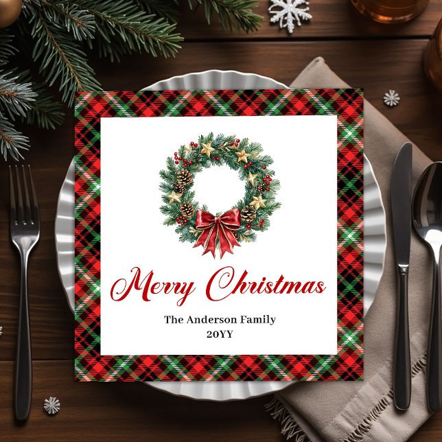 Modern Pine Wreath Christmas Napkin Custom Text (Modern Pine Wreath Christmas Napkin Custom Text)