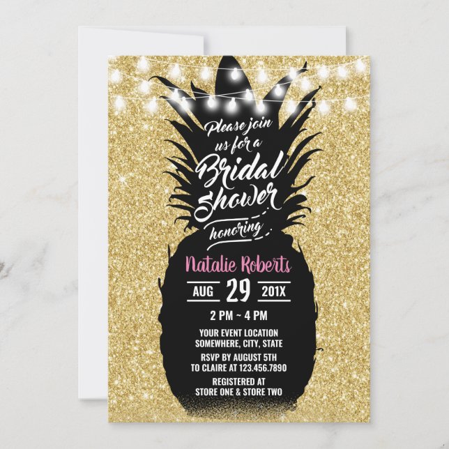 Modern Pineapple Black Gold Luau Bridal Shower Invitation (Front)