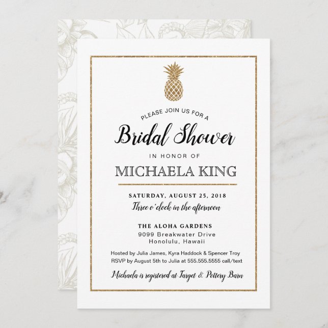 Modern Pineapple Bridal Shower, White & Gold Invitation (Front/Back)