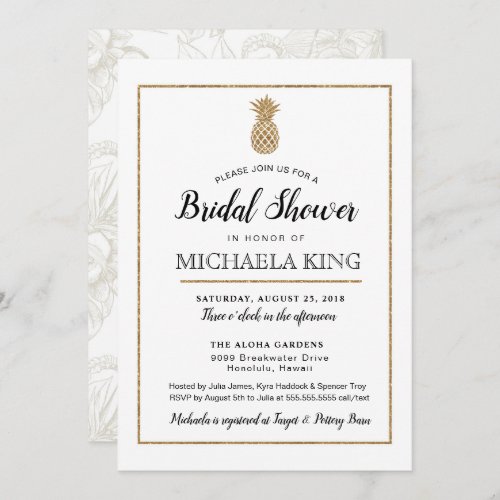 Modern Pineapple Bridal Shower White  Gold Invitation