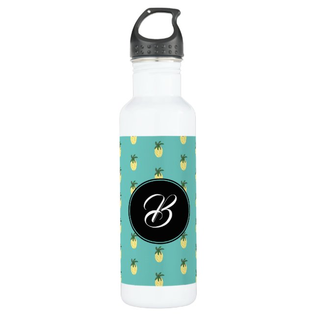 Modern Pineapple Illustration Circular Monogram Stainless Steel Water Bottle (Front)