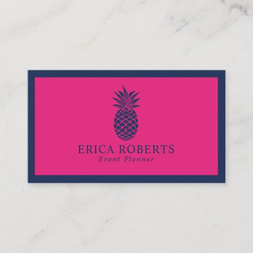 Modern Pineapple Navy Blue Frame Hot Pink Business Card