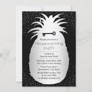 Modern Pineapple Silver Confetti Dots Housewarming Invitation