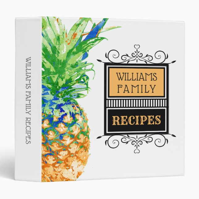 Modern Pineapple Tropical Family Monogram Recipe 3 Ring Binder (Front/Spine)