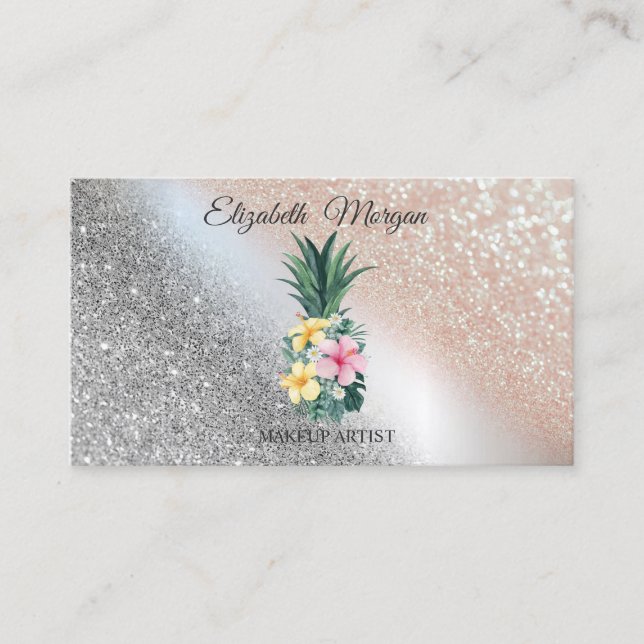Modern Pineapple Tropical Flowers Makeup Artist Business Card (Front)