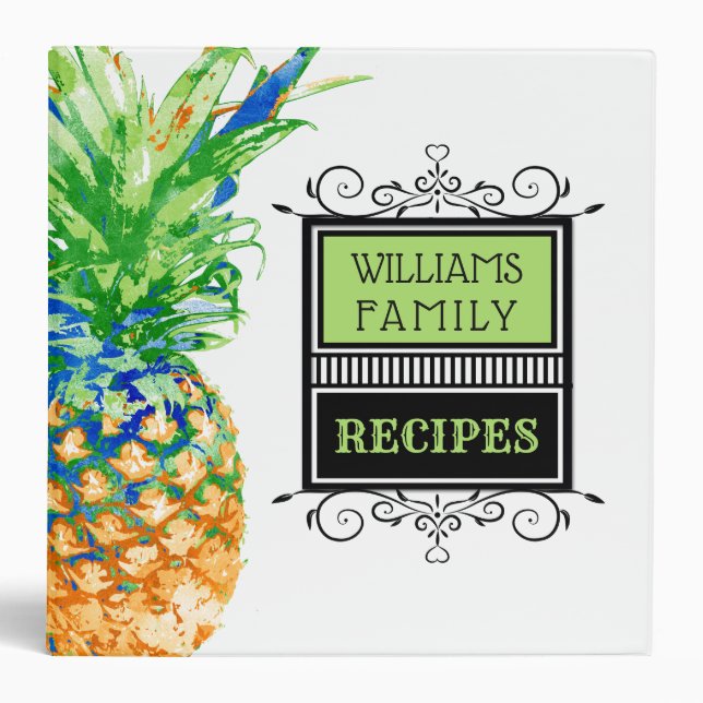 Modern Pineapple Tropical Green Family Recipe 3 Ring Binder (Front)