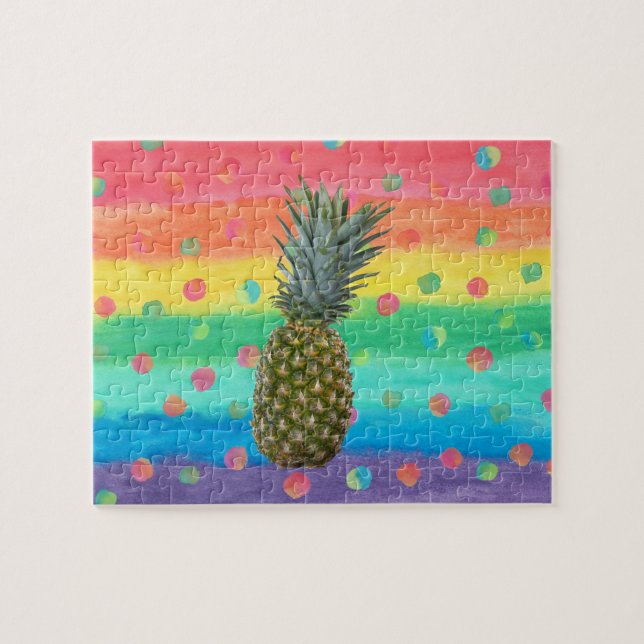 Modern Pineapple Watercolor Stripes and Spots Jigsaw Puzzle (Horizontal)