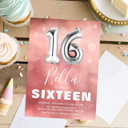 Modern Pink 16 Balloon Girl Birthday Party Invitation