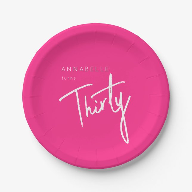 Modern Pink 30th Thirty Thirtieth birthday party Paper Plates (Front)