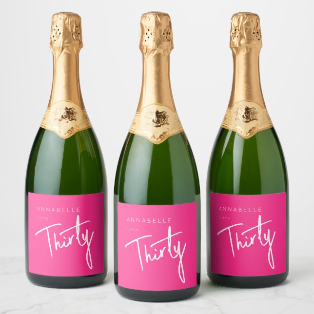 Modern Pink 30th Thirty Thirtieth birthday party Sparkling Wine Label (Bottles)