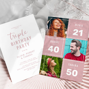 Modern Pink 3 Photo Joint Birthday Party Invitation