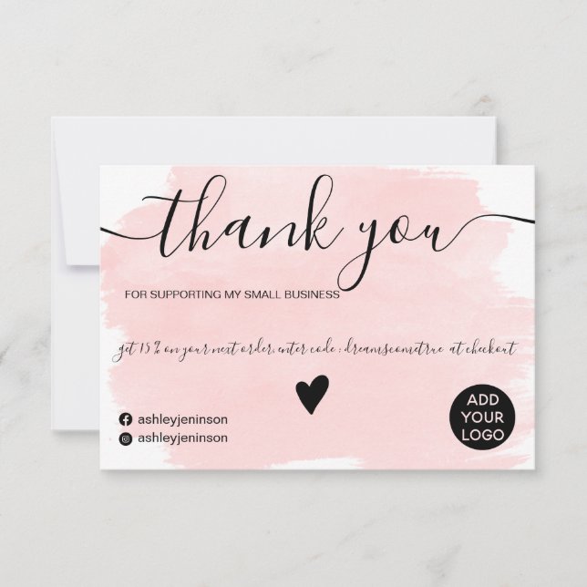 Modern pink abstract watercolor order thank you card (Front)