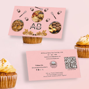 Modern Pink Add Photos and Monogram Bakery QR Code Business Card