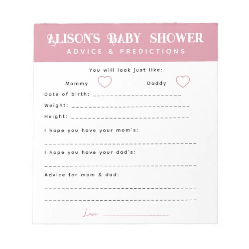 Modern Pink Advice and Predictions Baby Shower Notepad