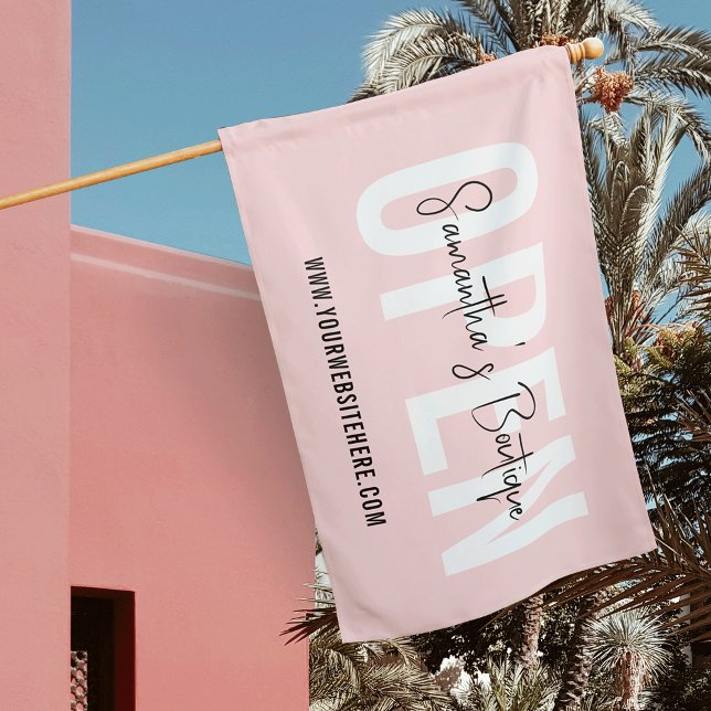 Modern Pink Aesthetic We Are Open Business Flag (Blush pink and white business OPEN outdoor flag design with editable colors and text)