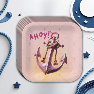Modern Pink Ahoy! Anchor Nautical Baby Shower Paper Plates