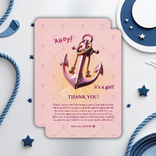 Modern Pink Ahoy! Anchor Nautical Baby Shower Thank You Card
