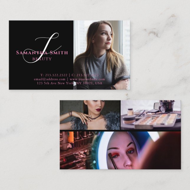 Modern Pink and Back 4 Photos Script Monogram Business Card (Front/Back)