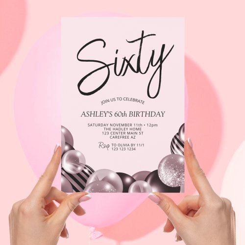 Modern Pink and Black 60th Birthday Invitation