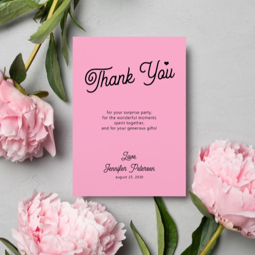 Modern pink and black birthday thank you card