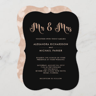 Modern Pink and Black Bokeh Wedding   Mr & Mrs Invitation