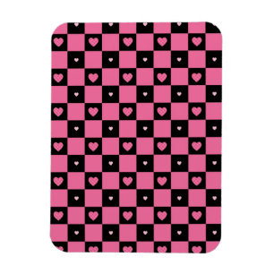 Modern Pink and Black Checker Pattern Girly Hearts Magnet