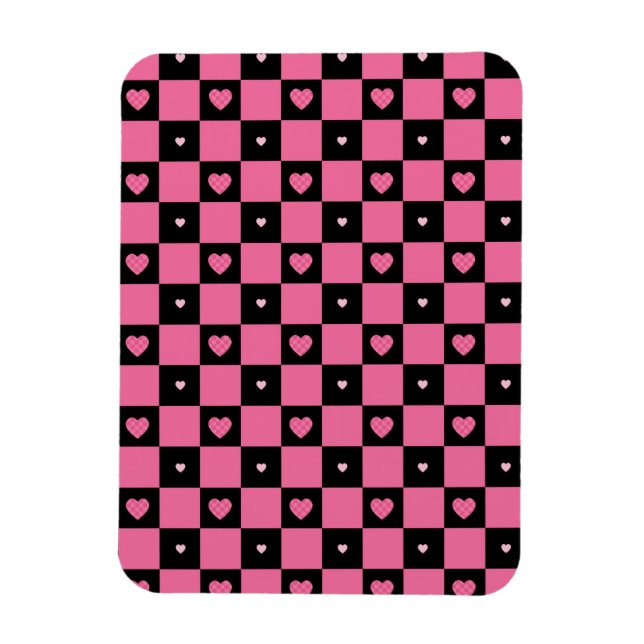 Modern Pink and Black Checker Pattern Girly Hearts Magnet (Vertical)