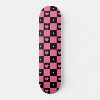 Modern Pink And Black Checker Pattern Girly Hearts Skateboard Deck by PhotographyTKDesigns at Zazzle