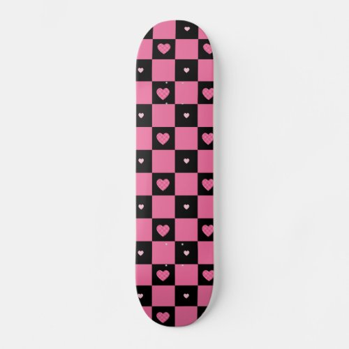 Modern Pink and Black Checker Pattern Girly Hearts Skateboard Deck
