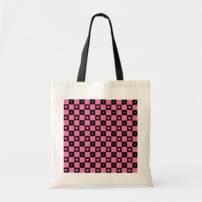 Modern Pink and Black Checker Pattern Girly Hearts Tote Bag (Front)